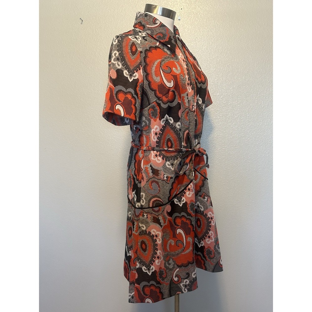 Vintage 1970s Joan Curtis Dress Zip Front Paisley MOD Print Dagger Collar Belt M - Picture 10 of 10